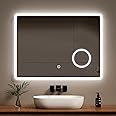 EMKE Bathroom Mirror with Shaver Socket 600x800mm, Wall Mounted Bathroom Mirror with LED Lights, Illuminated 3X Magnifier Makeup Mirror, Bathroom LED Mirror, Anti-Fog, Dimmable, Horizontal