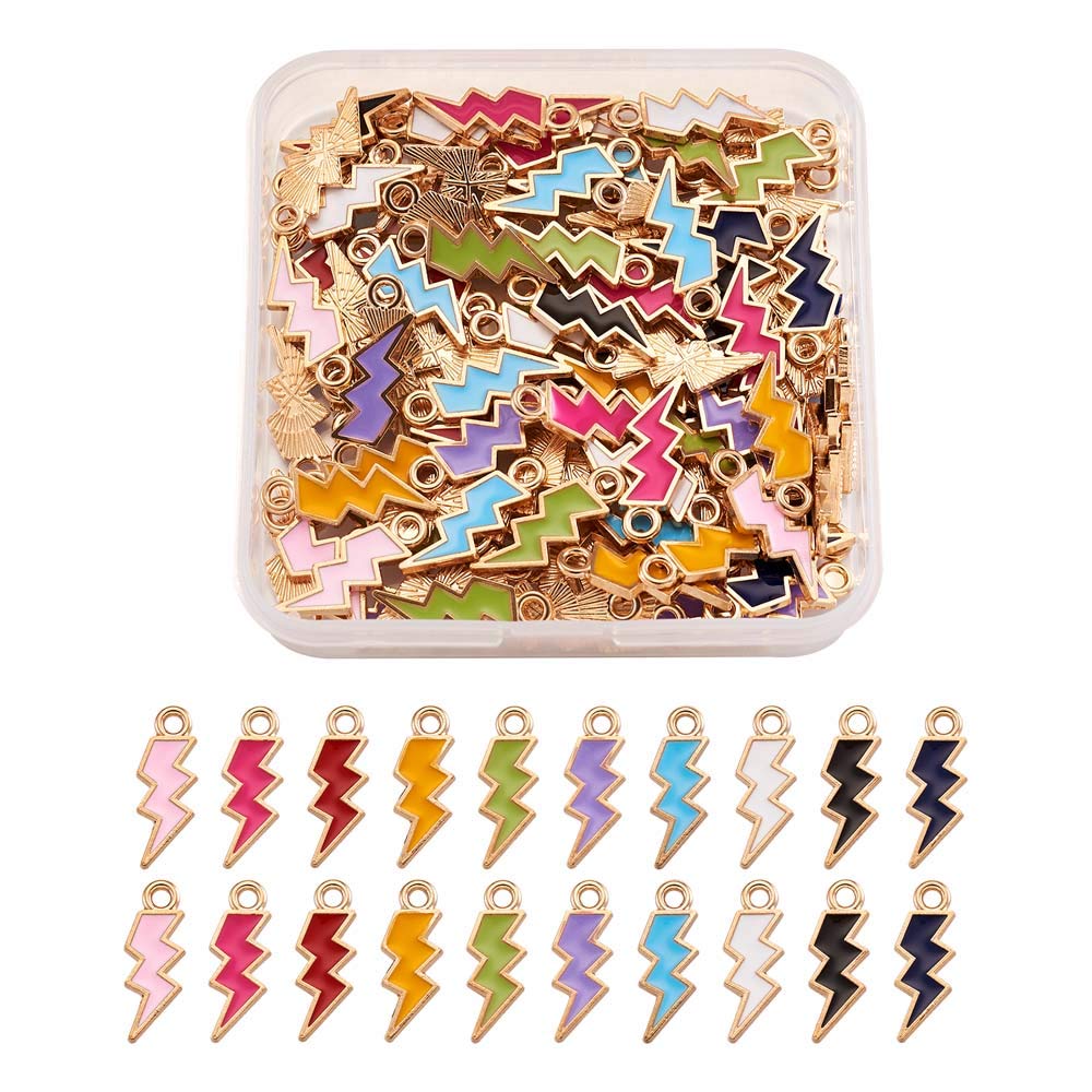 Cheriswelry 100pcs Alloy Enamel Lightning Bolt Pendants Charms Dangle Beads Light Gold Plated 10 Colors for Jewellery Bracelet Making Hole:2mm