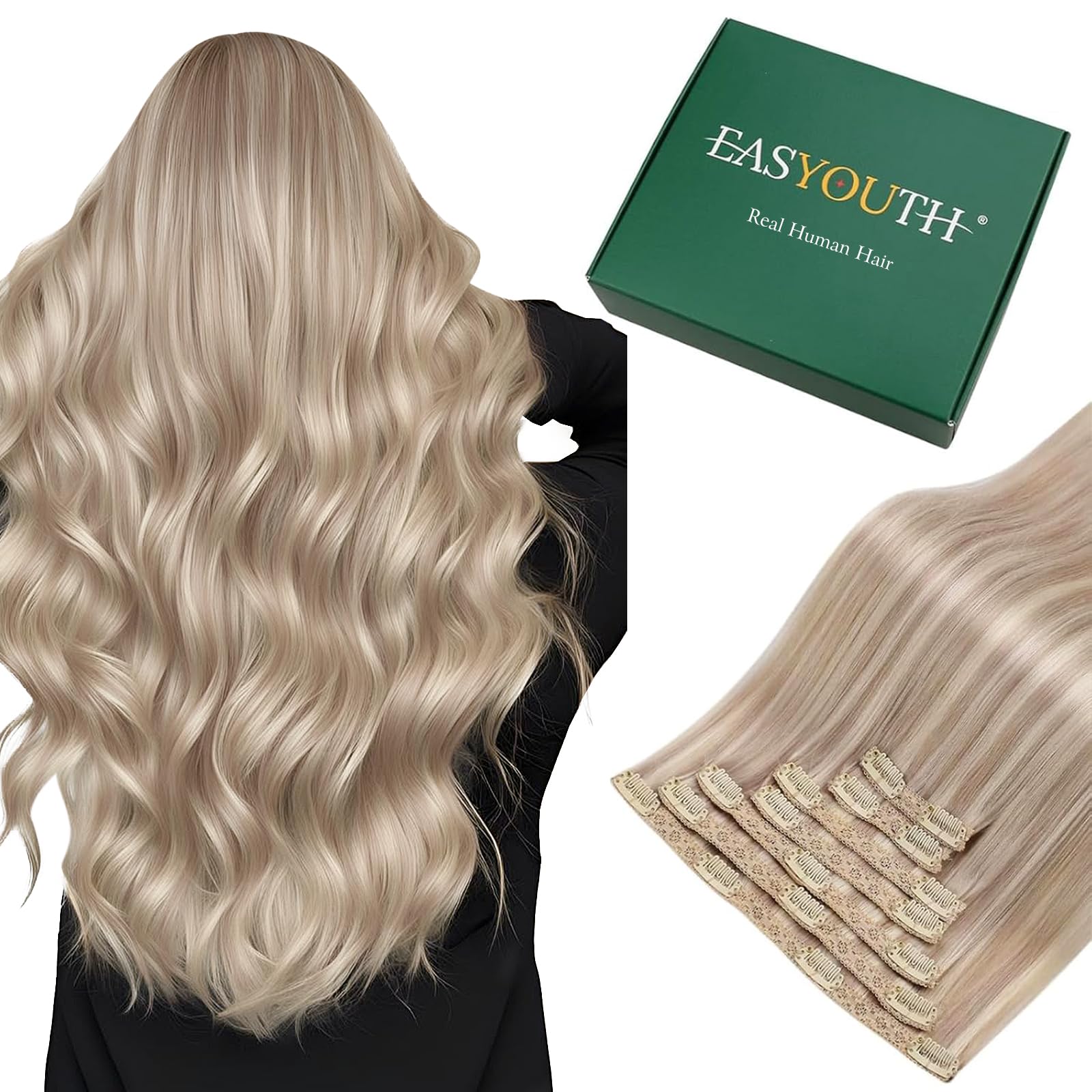 Easyouth Clip in Extensions Real Human Hair Blond Clip in Human Hair Extensions Ash Blonde Mixed Bleach Blonde Real Clips in Extension Soft and Silky 20Inch 120G 7Pcs #18P613 — image 1