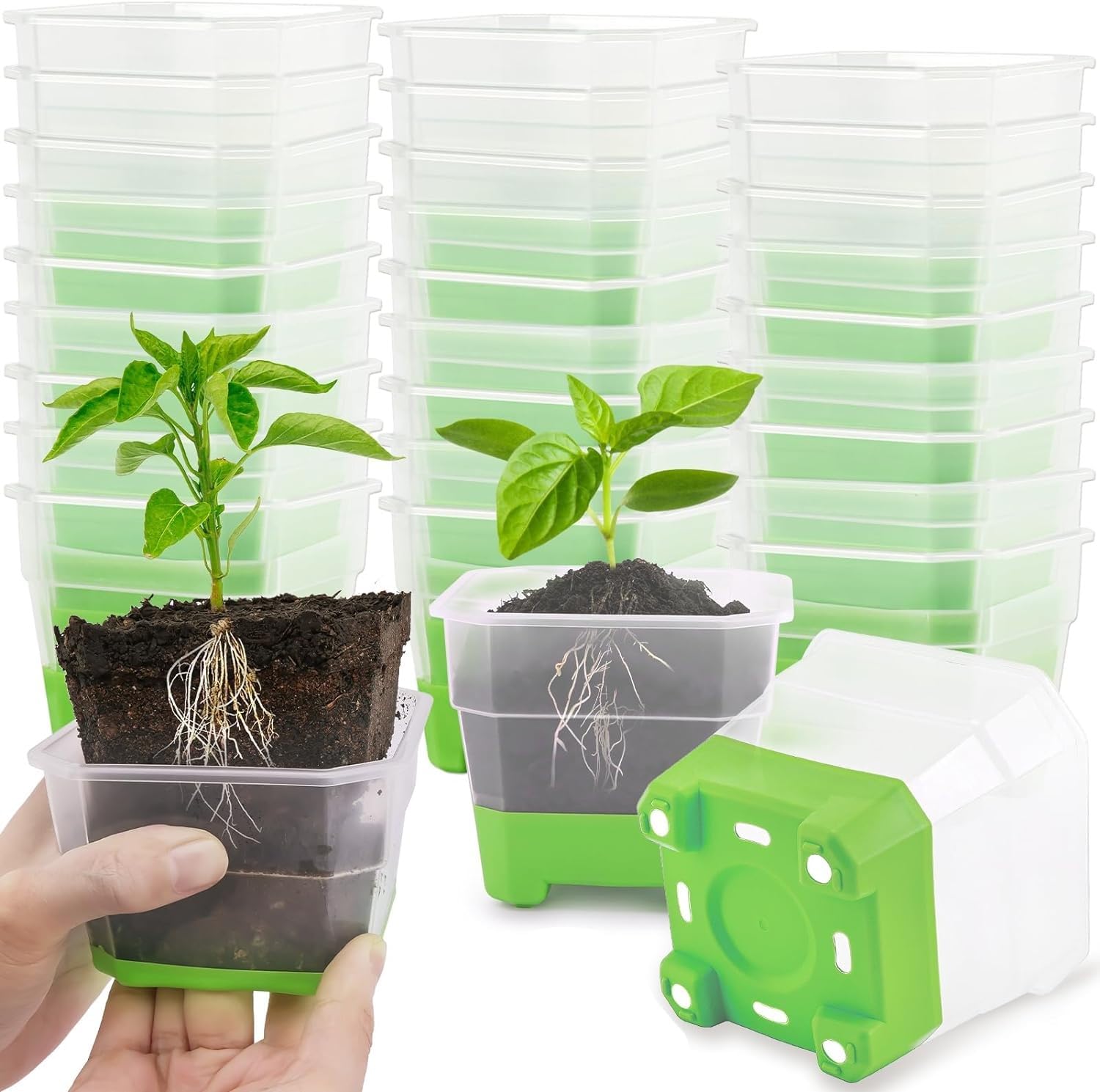 KAHEIGN 24Pcs Clear Nursery Pots with Silicone Base, 10CM Square Plastic Plant Pot Reusable Seedling Start Pots with Drain Holes for Flower Plant Seedlings Transplanting (Green)