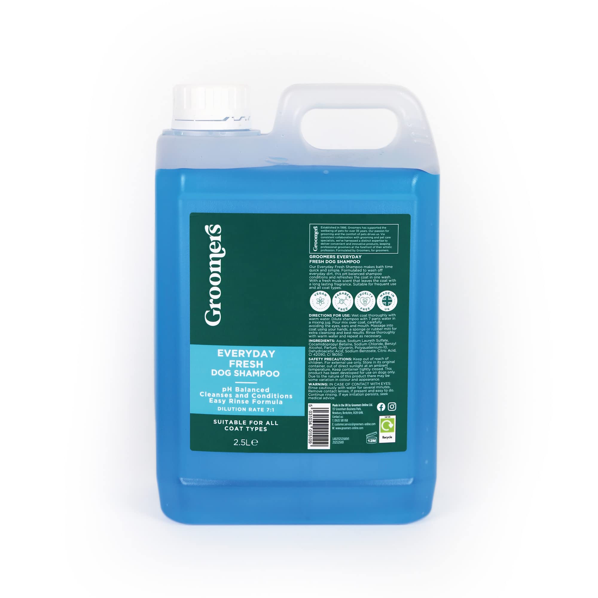 Groomers Everyday Fresh Dog Shampoo for Dog Grooming 2.5L - Long Lasting Fragrance - Cleanses and Conditions - pH Balanced, Vegan, Paraben Free Easy Rinse - Suitable for All Coats
