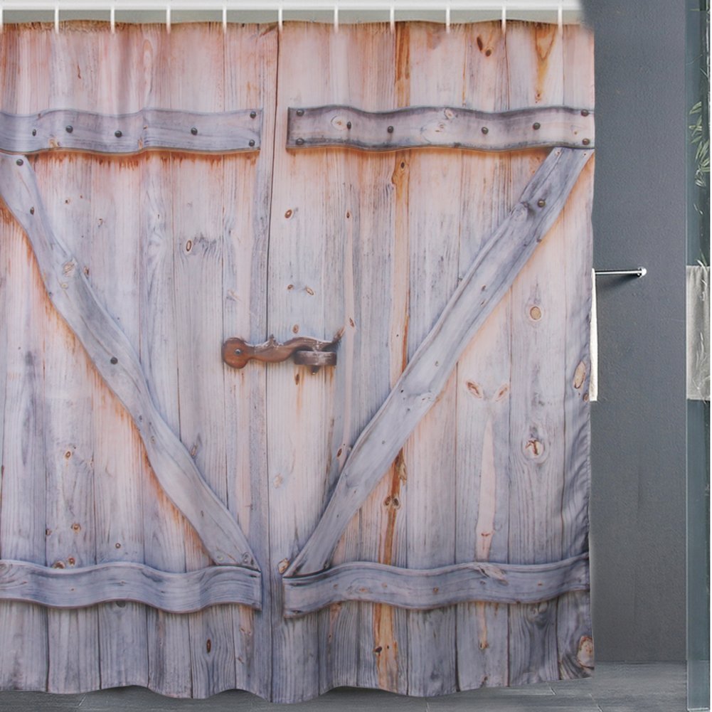 Wooden Door Shower Curtain, Rustic Decor Rural Vertical Barns House Print, Polyester Fabric Bathroom Shower Curtain Set with Hooks
