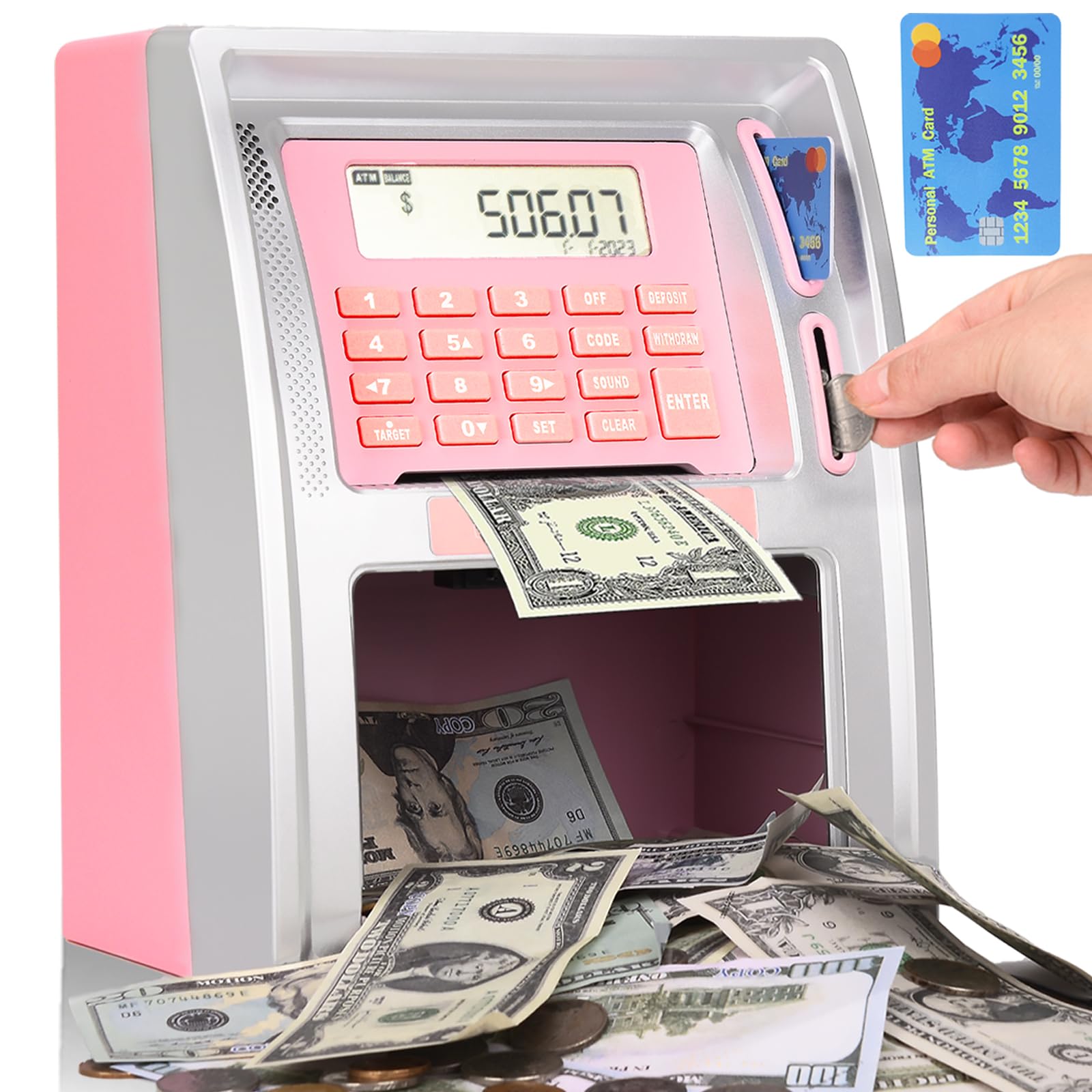 Photo 1 of BKstar Mini Toy ATM Savings Bank, Pink Piggy Bank Machine for Real Money with Card, Bill Feeder, Coin Reader, Balance Calculator Safe Box for Kids Adults