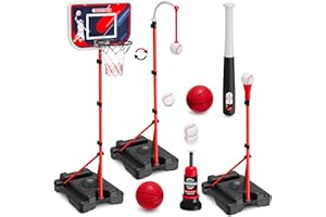 HYES 4 in 1 Kids Basketball Hoop and Tball Set for Toddlers 3-5, Adjustable Hanging Tee Ball Stand with Automatic Baseball Pitching Machine, Indoor Outdoor Sport Toys Birthday for Boys