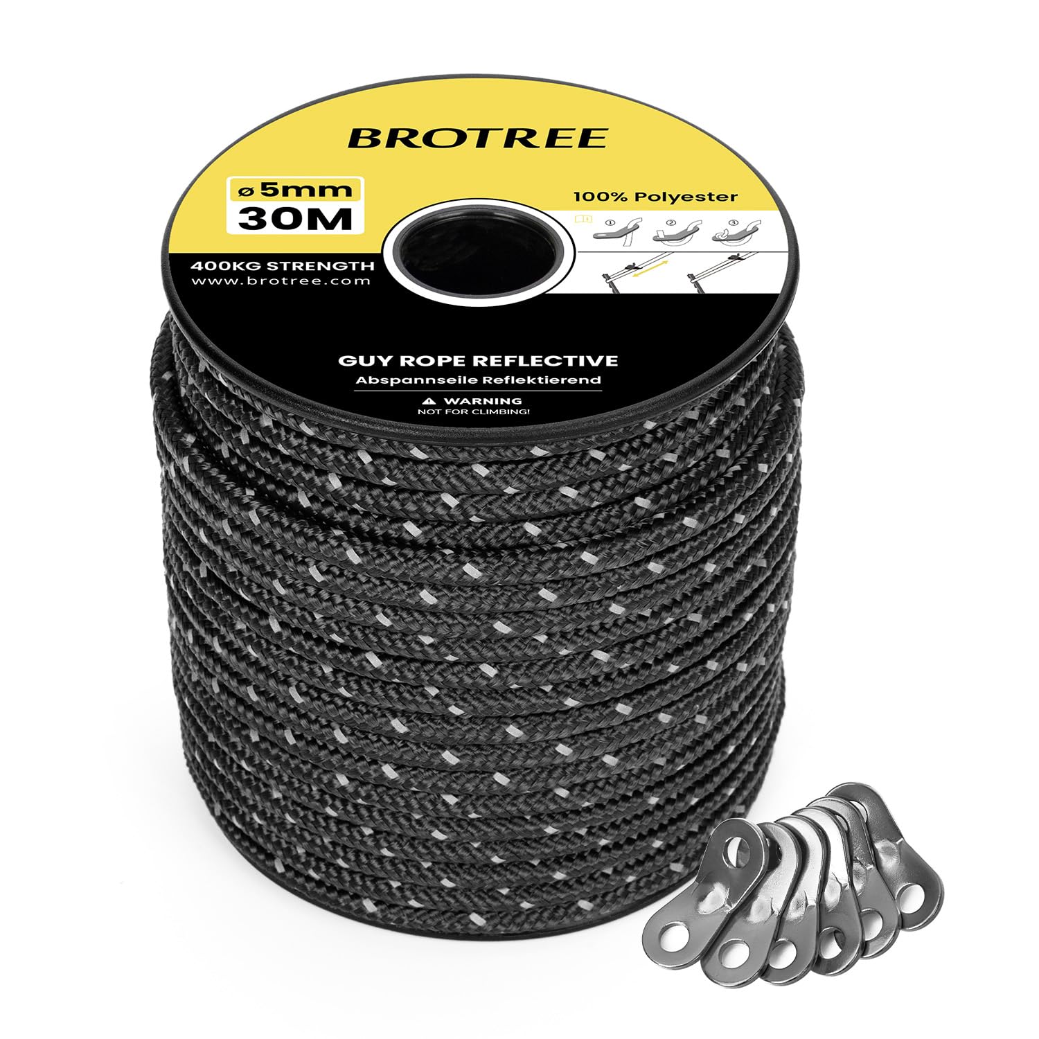 BROTREE Tent Guy Rope 5mm 30m Reflective Guy Line Heavy Duty Guide Rope with 6Pcs Aluminum Tensioners for Tent Gazebo Awning Camping (Black)