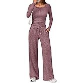 Trendy Queen Women's 2 Piece Matching Lounge Sets Fall Fashion Outfits Henley Neck Sweater Top Wide Leg Pants Sweat Suits