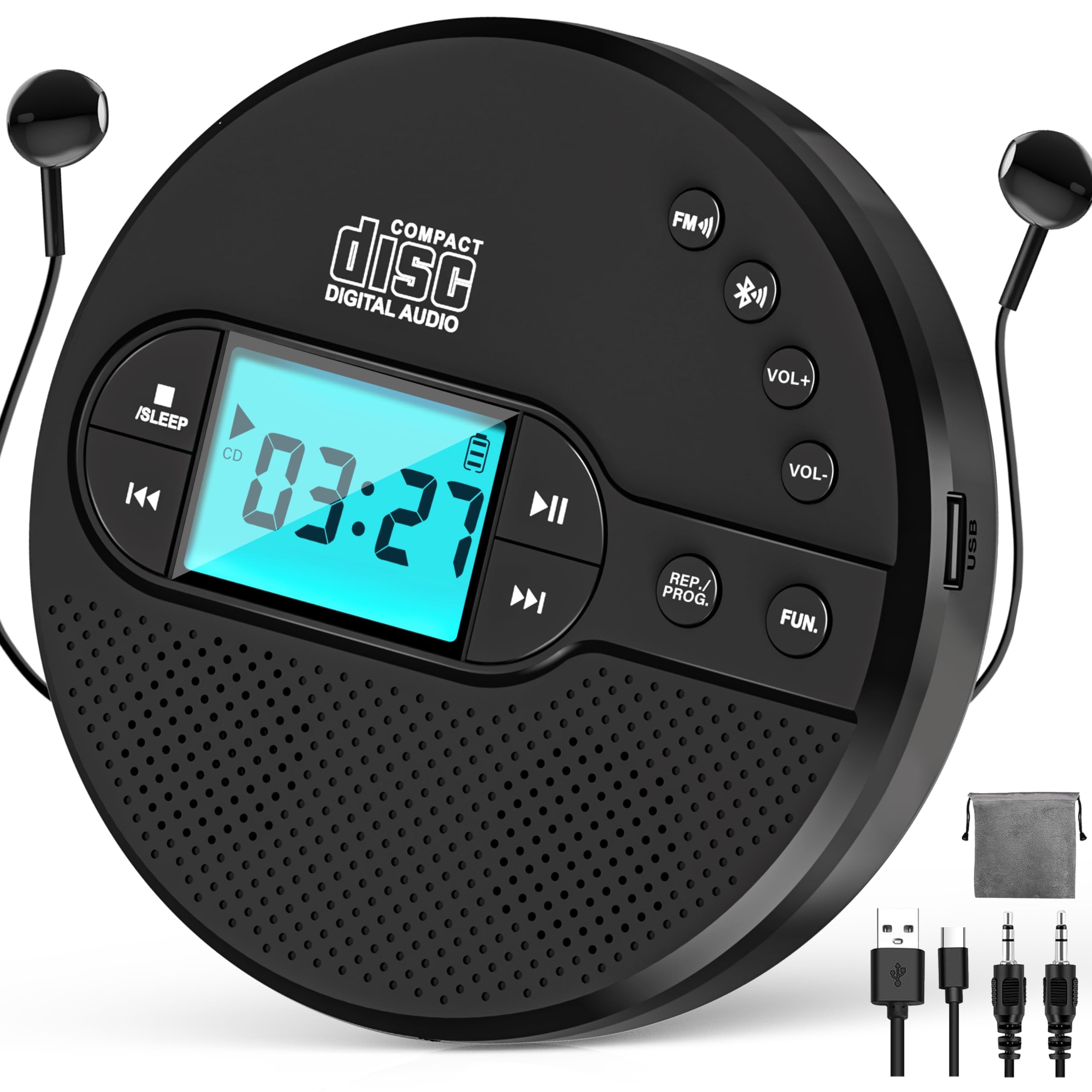 Greadio ポータブルCDプレーヤー Bluetooth 充電式 ダブルスピーカー内蔵 車用cdプレーヤー：FMトランスミッター AUX再生サポート USB Type-C充電 2000mAhバッテリー 送信機 携帯 CD/R/RW/MP3フォーマット対応 音飛び防止 車で使える 個人的なMP3プレーヤー 日本TELEC認証済み 小型 持ち運び 睡眠タイマー 子供語学（ブラック）商品画像