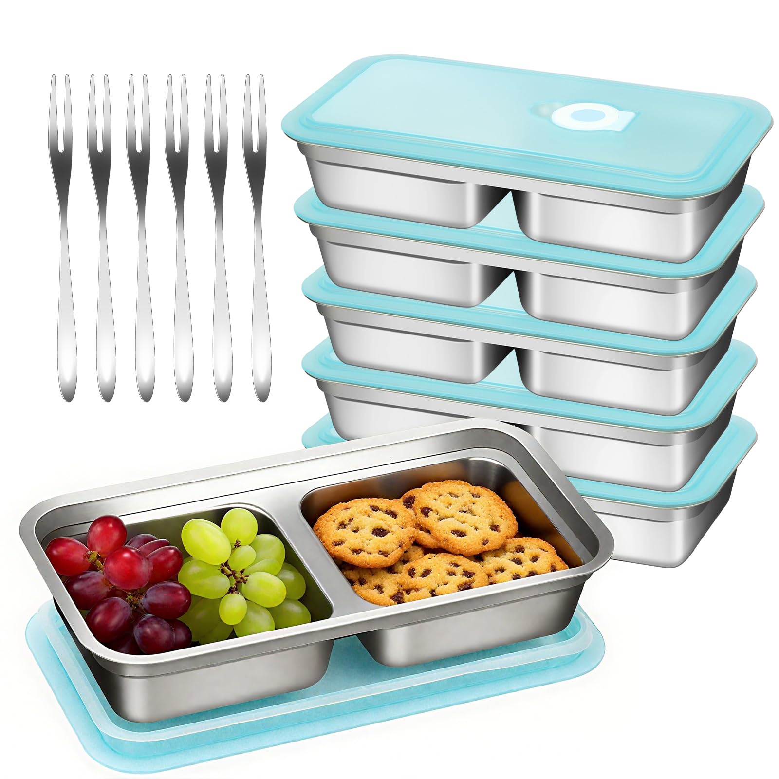 Photo 1 of Stainless Steel Snack Containers with Lids, 6 Pack Reusable Lunch Box with 6 Forks, Double Compartment Food Storage, Bento Box for Work, Camping, Travel, Leak Proof, Grab and Go, Dishwasher-Safe