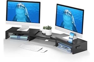BONTEC Dual Monitor Stand for Desk, Adjustable Length and Angle Monitor Stand Riser with Smartphone Holder, Desk Shelf for To