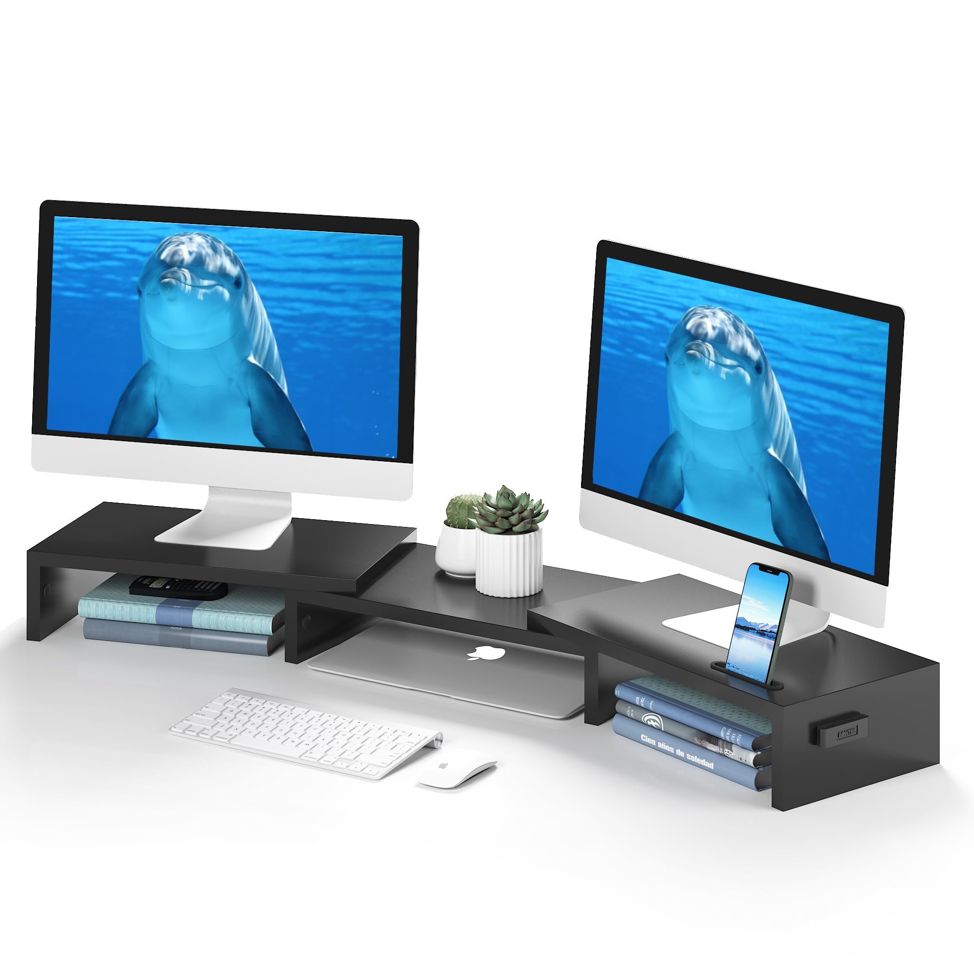 Photo 1 of BONTEC Dual Monitor Stand for Desk, Adjustable Length and Angle Monitor Stand Riser with Smartphone Holder, Desk Shelf for Top of Desk, Computer Monitor Stand with Storage, Office Desk Organizer, Black