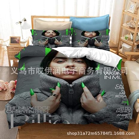 Amazon ビリーアイリッシュアメリカ人女性歌手パターン寝具スリーピース布団カバーと枕カバー シングルおよびダブルキングサイズホームテキスタイル C 135 0cm 2pcs 寝具カバーセット オンライン通販