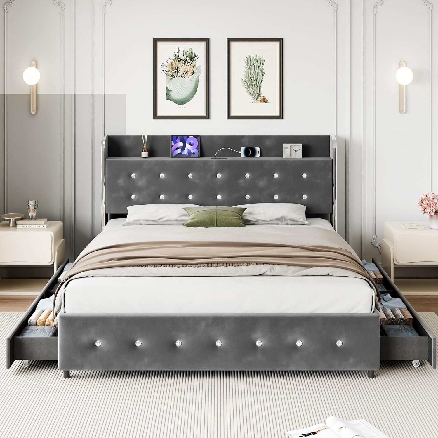 Photo 1 of GarveeHome Queen Bed Frame with Storage Headboard& Charging Station, Velvet Upholstered Queen Platform Bed Frame with 4 Drawers&Wooden Slat Support, Noise Free Design, Easy to Assemble, Grey