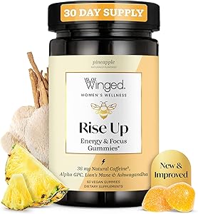 Winged Wellness Rise Up, Energy & Focus Gummies for Women - Daily Brain Boost Gummy Supplement with Natural Caffeine, Ashwaga