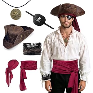 6-Piece Pirate Accessories Costume Set for Adults, Realistic Tricorn Hat | with Red Bandana, Waist Sash, Eye Patch, Skull Bra