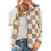 EARKOHA Womens Winter Sleeveless Fleece Top Casual Collar Khaki Checkered Sherpa Collared Jacket Vest