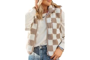 EARKOHA Womens Winter Sleeveless Fleece Top Casual Collar Khaki Checkered Sherpa Collared Jacket Vest
