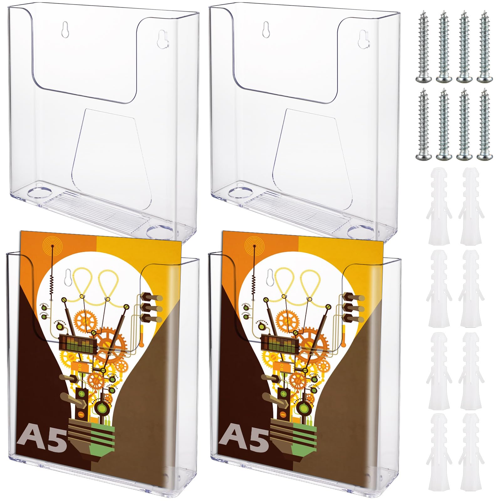 SENENQU 4 Pack Clear Plastic A5 Leaflet Holder, Wall Mounted Magazine File Holder, Transparent Brochure Dispenser Holder A5 for Office Restaurants Reception