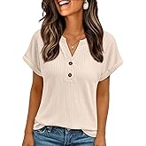 AUTOMET Women's Waffle Knit Henley Short Sleeve Shirts Dressy Casual Business Tops Interview Blouses Daily Wear Tees 2026