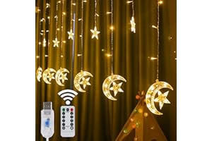 LJLNION Star Moon Curtain String Lights 138 LED, Window Curtain Lights, USB Plug with Remote Control, 8 Lighting Modes for Home Holiday Ramadan Christmas Wedding Party Patio Lawn, Warm White