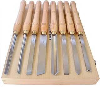 HSS-Qualitätsstahl 8-teilig mit den gängigsten Sorten Schüsseldrehröhre, Drehmeißel, Formröhre, Flachstahl, Abstecher und Ringdreheisen zum Drechseln Drechselbeitel mit Holzgriff in Holzbox