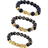 3pcs Wealth Bracelets, Imitation Obsidian Good Luck Bracelet with Chinese Mythical Beasts Charms for Protection Bring Luck & Wealth Gold and Black Beaded Jewelry Gift for Men Women