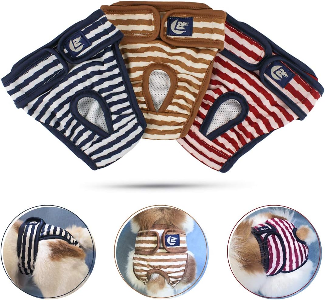 NAMSAN Dog Nappies(3 Pack )Soft Reusable Pet Diapers Adjustable Sanitary Wraps Dog Panties(Blue,Brown,Red)