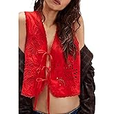 Women Tie Front Vest Eyelet Embroidered Tank Top Y2k Sleeveless Floral V Neck Crop Shirt Cute Summer Going Out Tops