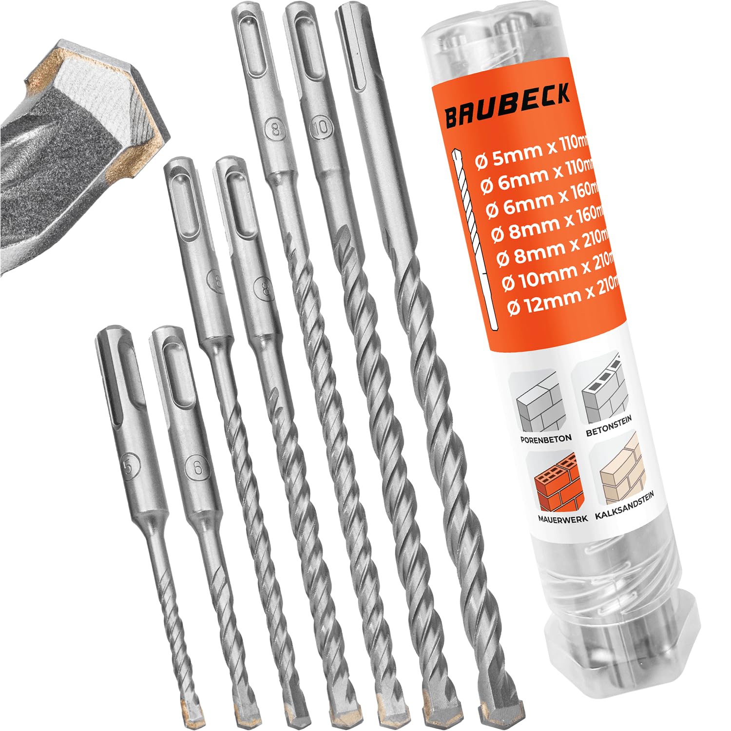 BAUBECK SDS Plus Drill Bit Set for Concrete [7-Piece - Diameter 5-12 up to 210 mm Long] - Durable and Robust Made of 40CR Steel for Precise Results - Drill Set Concrete Hammer Drill SDS Drill Stone