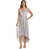 R&M Richards Women's Elegant Metallic Crinkle High-Low Gown | Flowy Sleeveless Evening Dress W/Rhinestone Waistband & V-Neck