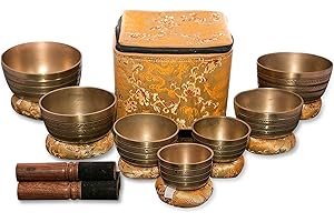 Sanskar Nepal - Tibetan Singing Bowl Set of 7, Handmade Singing Bowl for Meditation & Holistic Healing, Yoga Accessories, 3-5” Brass Singing Bowls with Wooden Striker, Cushion & Gold Carry Box