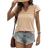 Dokotoo Women's Tops Casual V-Neck Pleated Short Sleeve Blouses Patchwork Hollow Out Ruffle Lace Shirts