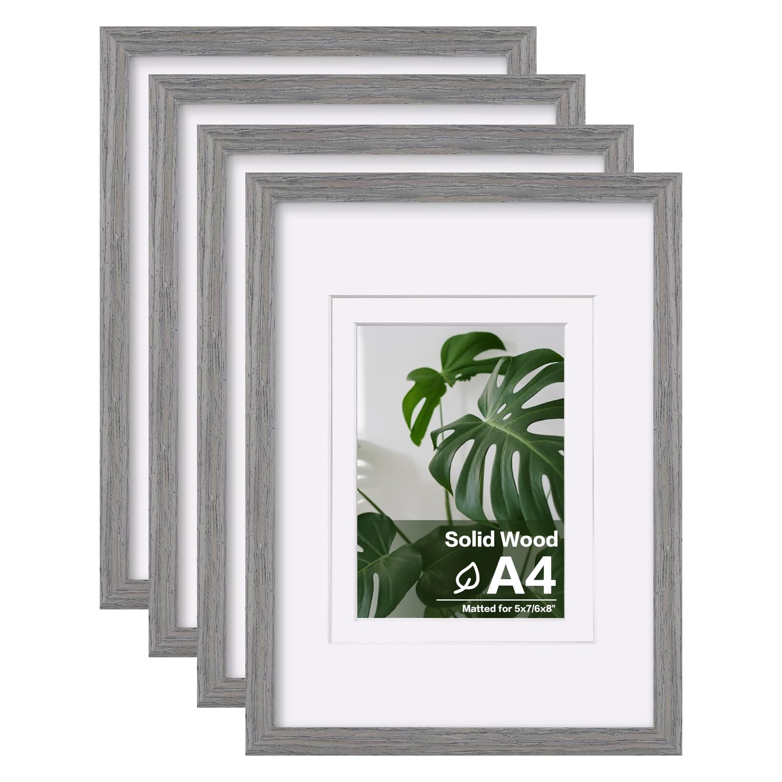 Egofine A4 Picture Frames Set of 4, Made of Solid Wood Covered by Plexiglass 5x7 and 6x8 with Mat or A4 without Mat, for Table Top Display and Wall Mounting Photo Frame Light Grey Image
