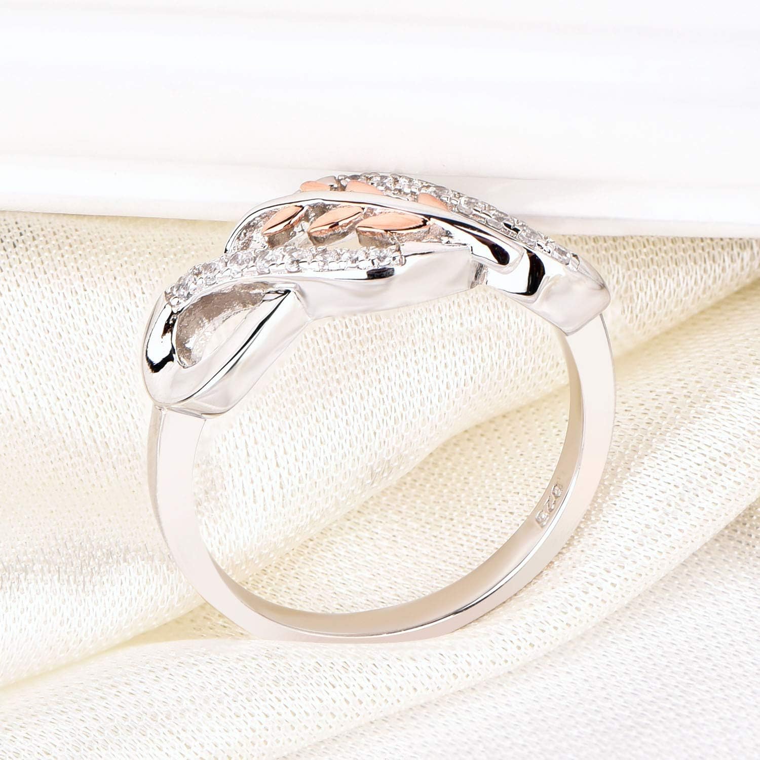 JO WISDOM 925 Sterling Silver Cubic Zirconia Rose Gold Leaf Infinity Knot Ring: Jewelry