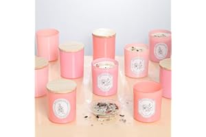 12Pcs Assorted Pink Glass Candle Jars with Wooden Lids for Making Candles, 10 OZ Empty Candle Jars with Labels and 100g Cryst
