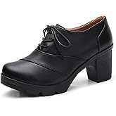 Women's Leather Platform Lace Up Chunky Mid-Heel Loafers Classic Round Toe Dress Oxfords Casual Comfort Walking Pump Shoe for Business Office &Work
