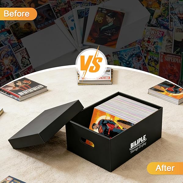 6 PACK COMIC BOOK STORAGE BOX 15.8″ X 7.2″ X 10.7″, THICK CARDBOARD COMIC BOOK BOX WITH LIDS, HOLDS 150-175 CURRENT/SILVER AGE COMIC, STACKABLE BIN COMIC ORGANIZER CASE FOR COLLECTING SUPPLIES, BLACK