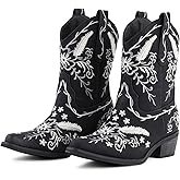 LingxiaUne Women's Cowboy Boots—Exquisitely Embroidered Western-Style Mid-Heel Boots for Women, Ankle Cowboy Boots For Women
