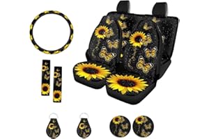 Xoenoiee Sunflower Gold Butterfly Print 11 Pcs Car Accessories with Front & Rear Auto Seats Covers, Steering Wheel Cover, Seat Belt Pads, Cup Coaster, 2 Pcs Keyrings - Universal Fit