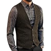 Zeattall Men's Herringbone Tweed Wool Suit Vest Single Breasted Slim Fit Waistcoat Vest