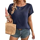 Dokotoo Womens Summer Tops 2026 Crewneck Short Sleeve Hollow Out T-Shirts Casual Loose Solid Color Blouses Shirts