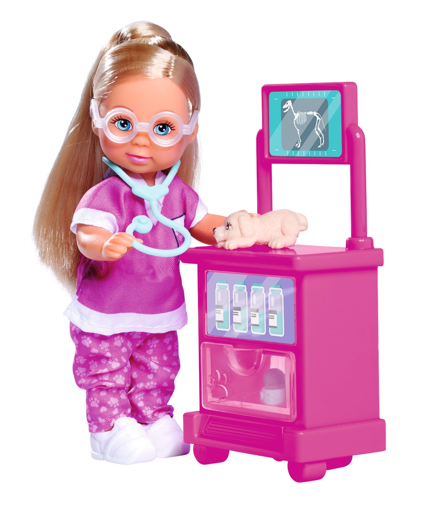 Simba Evi Love Puppy Doctor Toy Doll with Glasses, Three Puppies and a Treatment Table, Accessories, 12 cm, from 3 Years