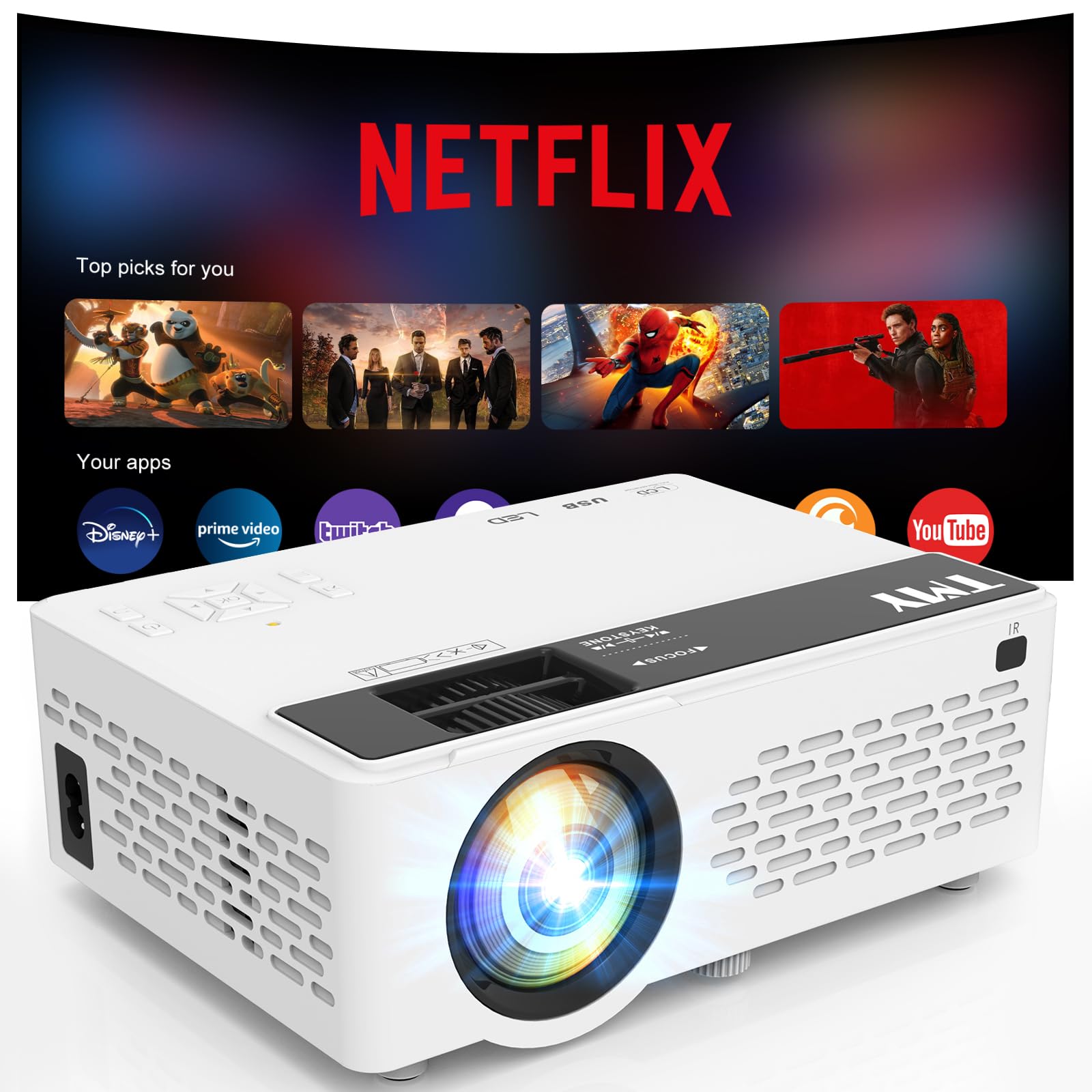 TMY Netflix-Officially-Licensed Mini Movie Projector with WiFi and Bluetooth, 1080P Full HD Portable Projector, Compatible with TV Stick Smartphone/HDMI/USB, indoor & outdoor use