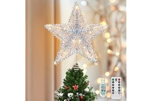 Luxspire Christmas Tree Star Topper, LED Glitter Metal 3D Christmas Decorations Lights, Remote & USB Operated Star Treetop for Home Party, 6H Timer & 8 Lighting Modes, Silver