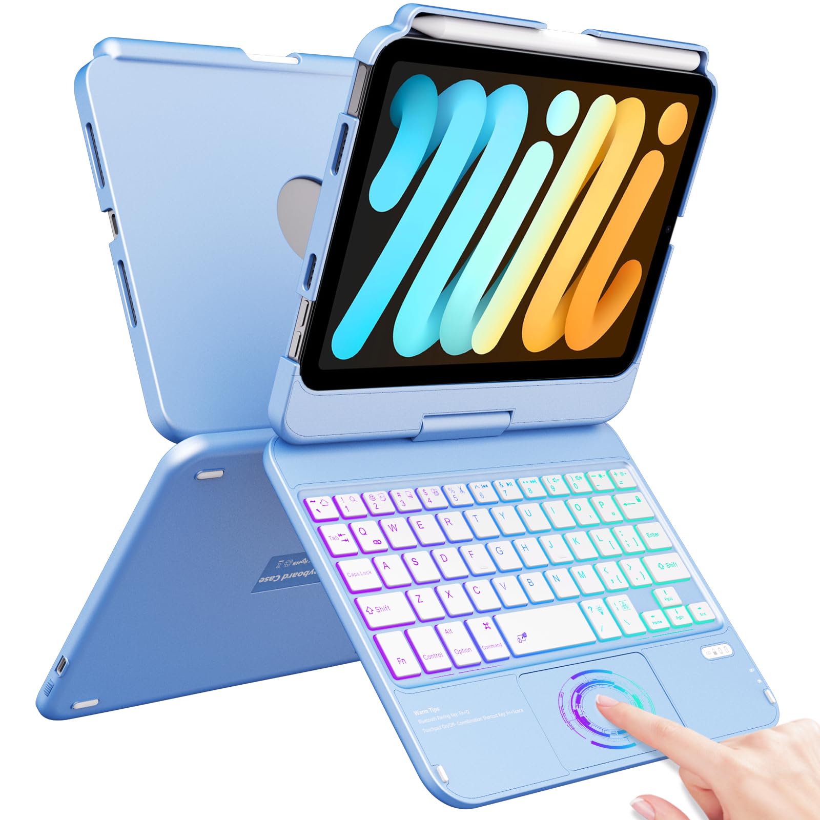Photo 1 of FUWANG Touchpad Keyboard Case for iPad mini 7 A17 Pro 2024 & Mini 6th Generation 2021 8.3 inch - 360° Swivel 7 Color Backlit Keyboard for iPad mini 7th 6th Generation with Pencil Holder, Blue