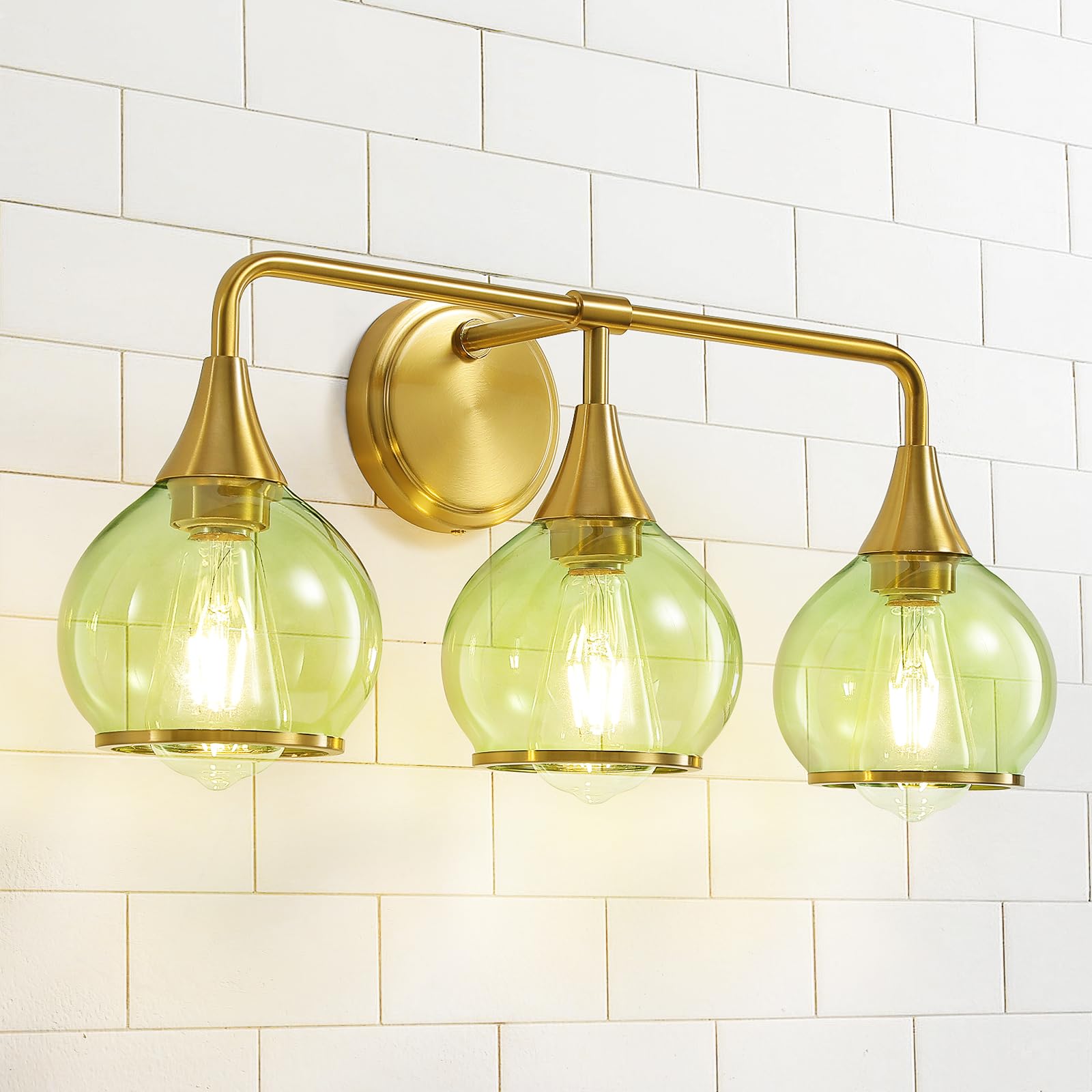 HAHZT Brushed Gold Bathroom Vanity Light 3-Lights Bathroom Light Fixtures Over Mirror with Green Clear Glass Shade 22.4 inch Wall Sconce Lighting Bath(Exclude E26 Bulb) Image