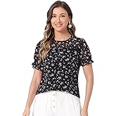 Allegra K Women's Chiffon Floral Short Sleeve Ruffled Trim Blouse Top