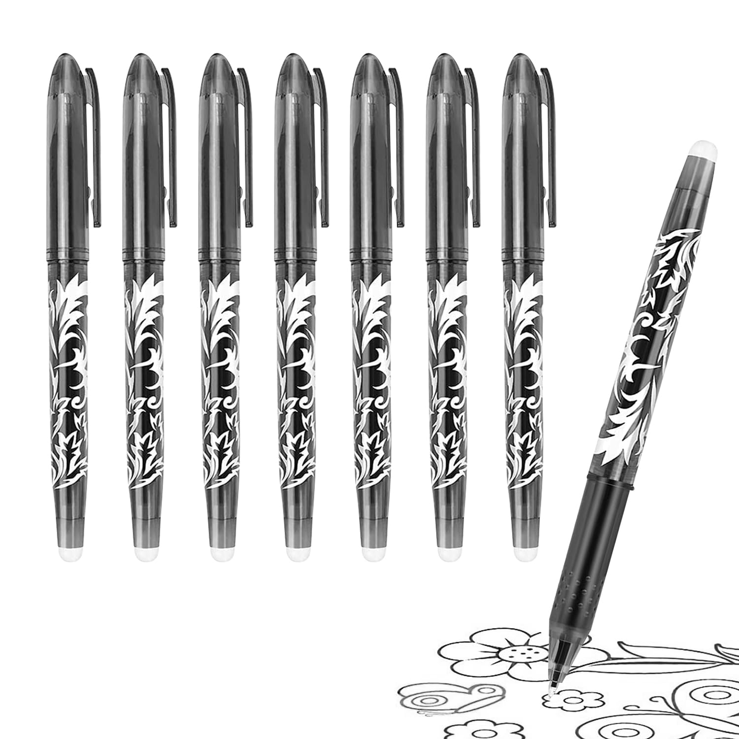 8pcs Eraser Pens - Black, 0.7mm Friction Gel Pens with Rubber End for Kids and Adults - Erasable