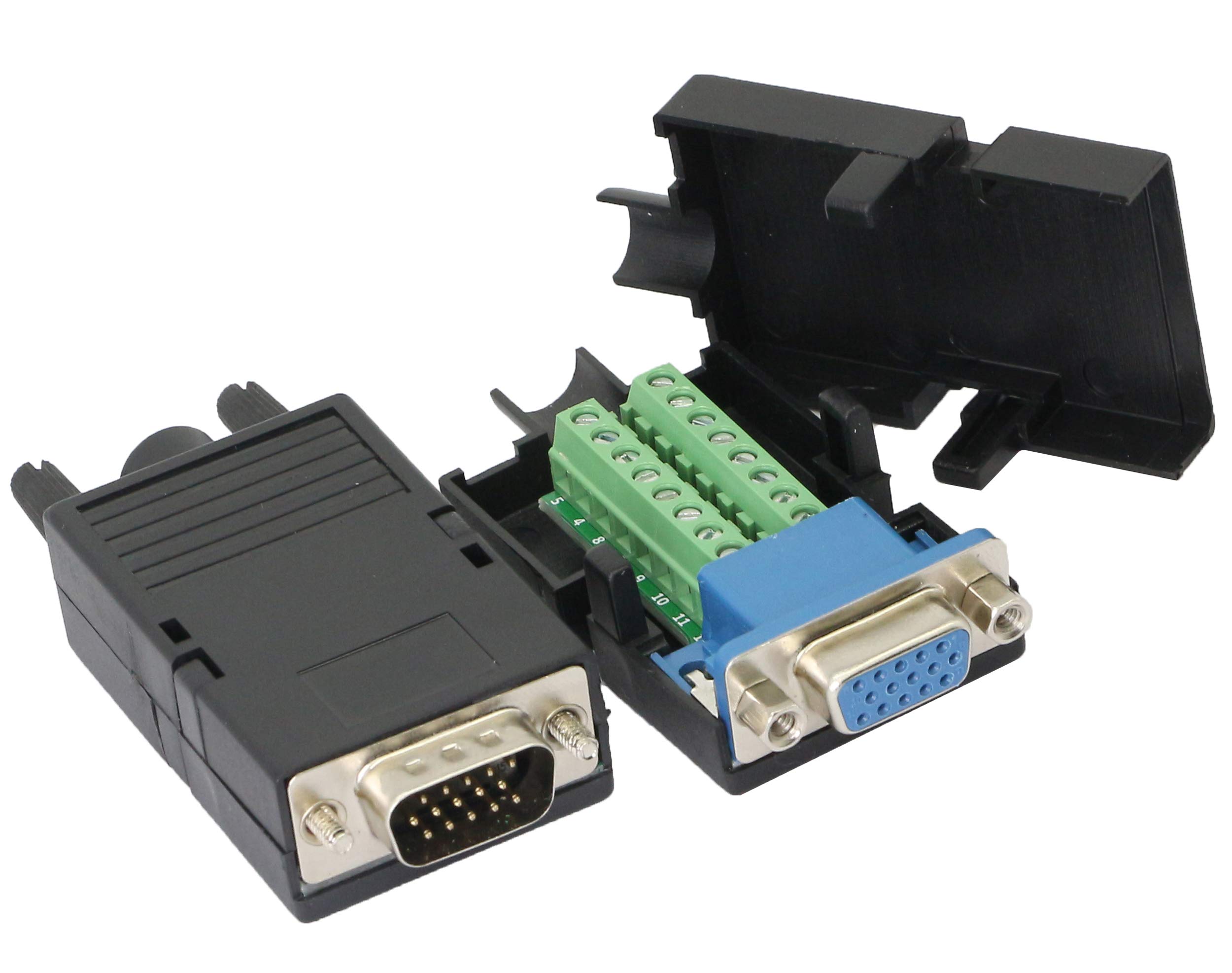 CERRXIAN D-SUB DB15 3 Row VGA 3+9 Male + Female 15 Pin Cover Breakout Terminals Board Connector（1 pair）