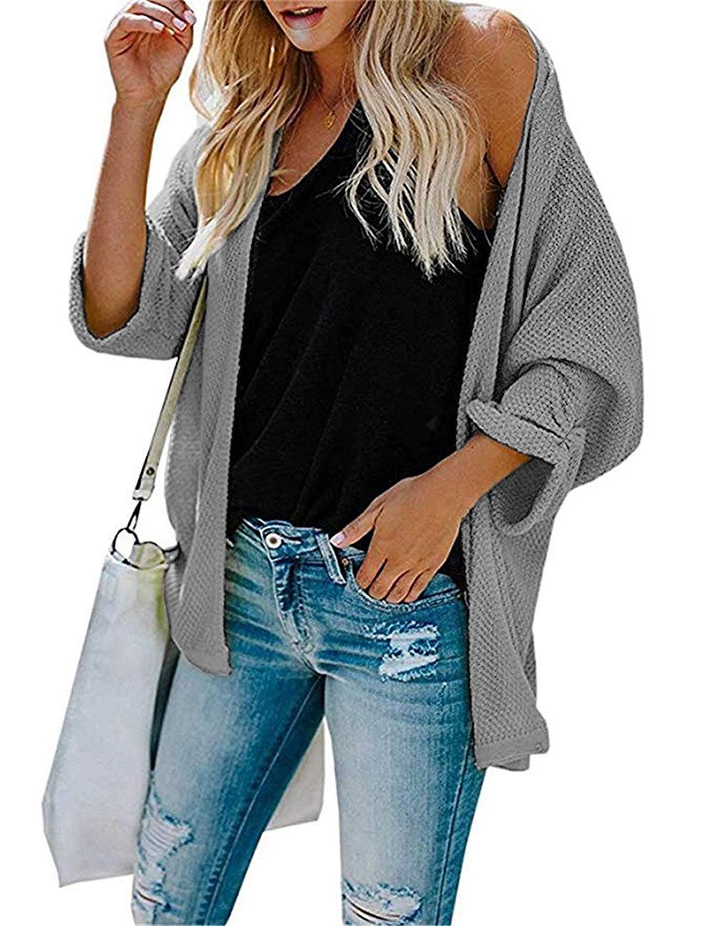 PARIS HILL Womens Long Sleeve Cardigans Oversized Open Front Basic Casual Knit Sweaters Coat Grey Large
