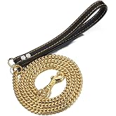 Aiyidi Strong Dog Chain Gold Leash Long 3FT 4FT 5FT 18K Stainless Steel 12mm Curb Cuban Link Dog Leash with Comfortable Genuine Leather Handle(Gold, 3FT)